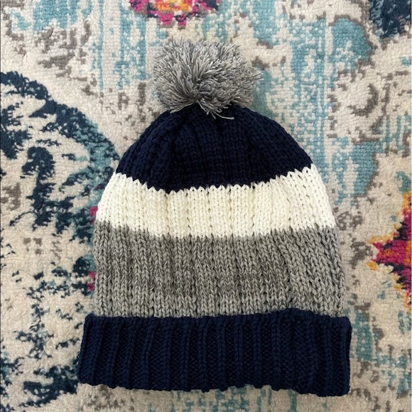 New AMERICAN NEEDLE Slope Knit Stripe Pompom Beanie In Navy-ivory-heather grey - Picture 4 of 6